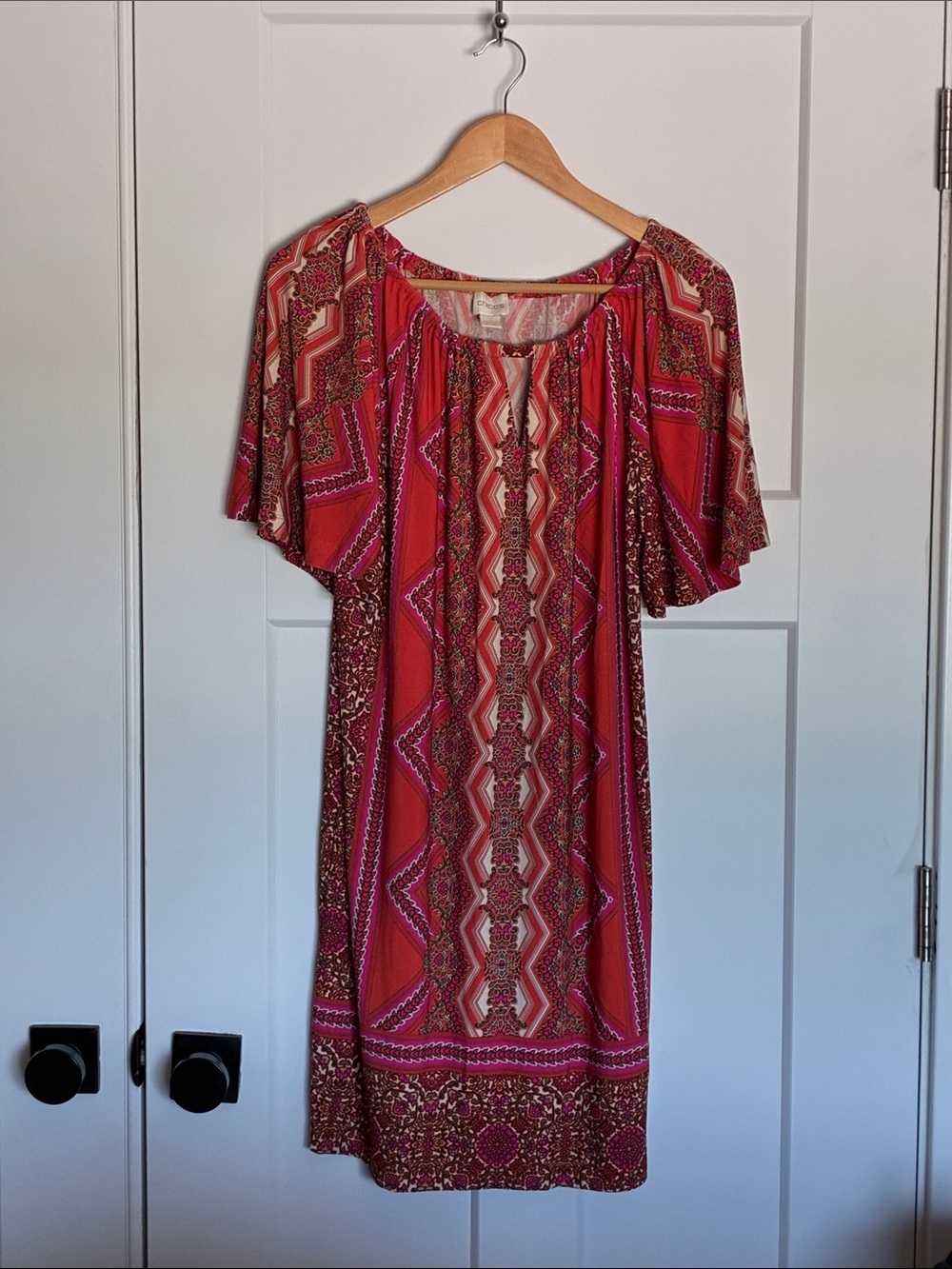 Chico's Pink and Red Printed Short Sleeve Mini Dress